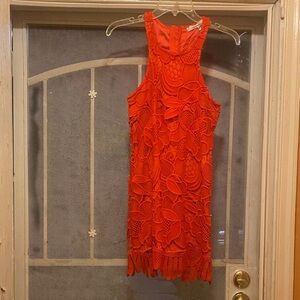 Lovers + Friends Bright Orange Lace Mini Dress with Fringe